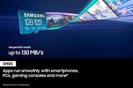 Buy SAMSUNG EVO Select Micro SD-Memory-Card + Adapter, 128GB microSDXC 130MB/s Full HD & 4K UHD, UHS in India.