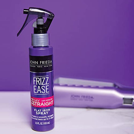John Frieda Frizz Ease 3-day Flat Iron Heat Protectant Spray for Hair, Anti Frizz Keratin Infused Straightening Hair Spray, Lightweight Smoothing Spray for Frizz Control, 3.5 Ounce