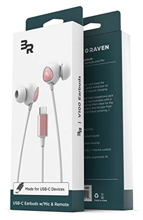 Bolle & Raven USB-C Headphones with Mic, in-Ear Wired Earphones with Inline Remote + Microphone for Type-C Phones Including Pixel 5/6/7 Pro, Galaxy S20/S21/Plus/S22/S23 Ultra (V100 Rose Gold)