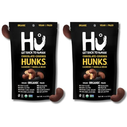 Hu Hunks Vegan Chocolate Covered Cashews With Vanilla Bean | 2 Pack | Non-GMO, Gluten Free, Paleo, Organic Dark - Chocolate