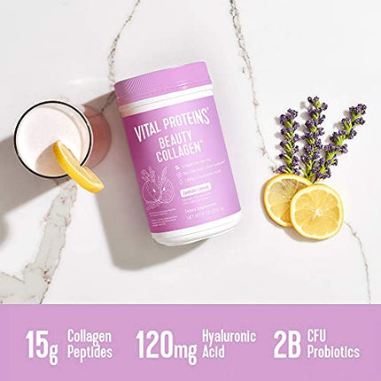 Vital Proteins Beauty Collagen Peptides Powder Supplement for Women, 120mg of Hyaluronic Acid - 15g of Collagen Per Serving - Enhance Skin Elasticity and Hydration - Lavender Lemon - 9oz Canister