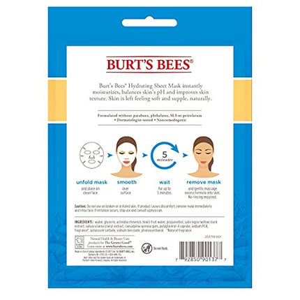 Burt's Bees Face Mask Valentines Day Gifts for Her, Hydrating Facial Skin Care Spring Gift, 100% Natural, Single Use (6 Count)