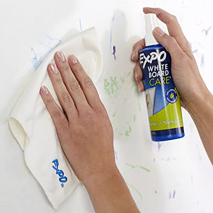 Person using spay to clean the white board