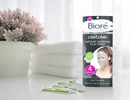 Bioré Charcoal Instantly Warming Clay Facial Mask for Oily Skin, with Natural Charcoal, Cleanse Clogged Pores, Dermatologist Tested, Non-Comedogenic, Oil Free,1 Pack (4 Count) in India