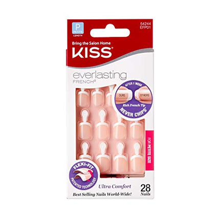 Kiss Everlasting French Nail Manicure, Chip-Free with Flexi-Fit Technology, Petite, "Pink", Nail Kit with Pink Nail Glue (Net Wt. 2 g / 0.07oz.), Mini File, Manicure Stick, and 28 Fake Nails