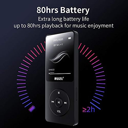 Mp3 Player,RUIZU X02 16GB Ultra Slim Music Player,Long Battery Life Mp3 with FM Radio, Voice Recorder, Video Play, Text Reading, 80 Hours Playback and Expandable Up to 128 GB (Black)