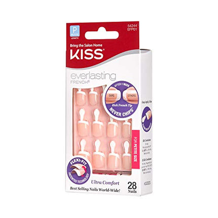 Kiss Everlasting French Nail Manicure, Chip-Free with Flexi-Fit Technology, Petite, "Pink", Nail Kit with Pink Nail Glue (Net Wt. 2 g / 0.07oz.), Mini File, Manicure Stick, and 28 Fake Nails