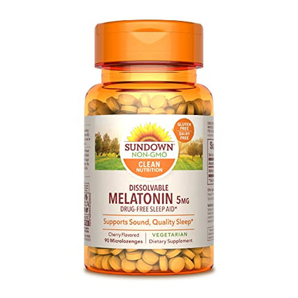 Sundown Melatonin for Restful Sleep, Non-GMO, Free of Gluten, Dairy, Artificial Flavors, 5 mg, Quick Dissolve Microlozenges (Packaging May Vary), 90 Count