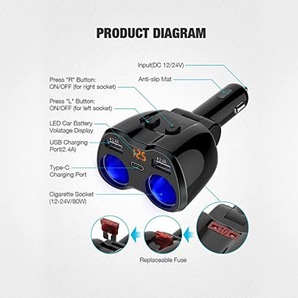 USB C Car Charger, 2 Sockets Cigarette Lighter Splitter 12/24V 80W Dual USB Type-C Ports Separate Switch LED Voltage Display Built-in Replaceable 10A Fuse Compatible Mobile Cell Phone GPS Dash Cam in India