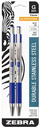 Zebra Pen G-301 Stainless Steel Retractable Gel Pen, Medium Point, 0.7mm, Blue Ink, 2-Count, 2 Pack (41322)