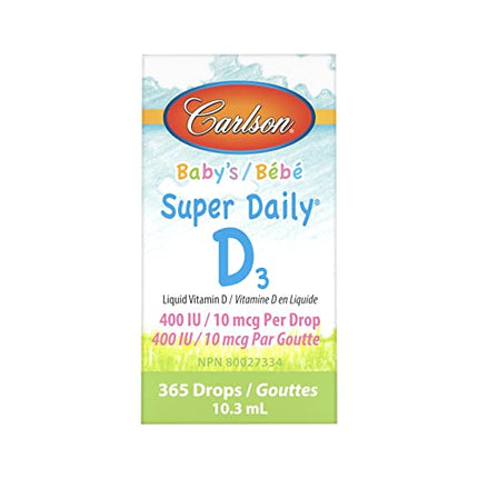 Carlson - Baby's Super Daily D3, Baby Vitamin D Drops, 400 IU (10 mcg) per Drop, 1-Year Supply, Vegetarian, Liquid Vitamin D Drops for Infants and Toddlers, Unflavored, 365 Drops in India