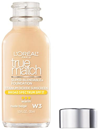 L'Oreal Paris Makeup True Match Super-Blendable Liquid Foundation, Nude Beige W3, 1 Fl Oz,1 Count