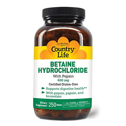 Country Life Betaine Hydrochloride with pepsin 600 mg - 250 Tablets