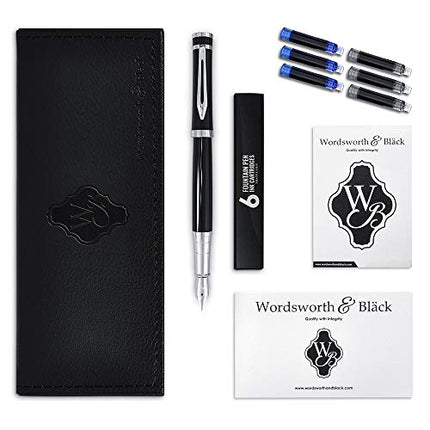 Wordsworth & Black Fountain Pen Set, Medium Nib, Includes 6 Ink Cartridges and Ink Refill Converter, Gift Case, Journaling, Calligraphy, Smooth Writing Pens [Black Chrome], Perfect for Men and Women
