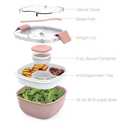 Bentgo® Salad - Stackable Lunch Container with Large 54-oz Salad Bowl, 4-Compartment Bento-Style Tray for Toppings, 3-oz Sauce Container for Dressings, Built-In Reusable Fork & BPA-Free (Blush Marble)