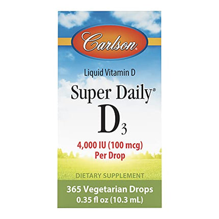 Carlson Super Daily D3 4,000 IU (100 mcg), Heart & Immune Health, Teeth & Bone Strength, Unflavored, 365 Drops