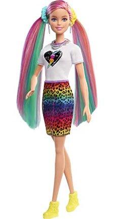 Barbie Leopard Rainbow Hair Doll (Blonde) with Color-Change Hair Feature, 16 Hair & Fashion Play Accessories Including Scrunchies, Brush, Fashion Tops, Cat Ears, Cat Purse & More in India