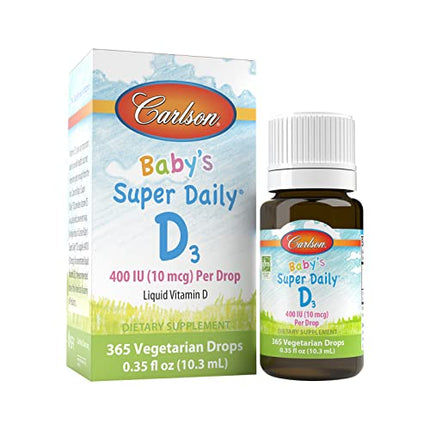Carlson - Baby's Super Daily D3, Baby Vitamin D Drops, 400 IU (10 mcg) per Drop, 1-Year Supply, Vegetarian, Liquid Vitamin D Drops for Infants and Toddlers, Unflavored, 365 Drops
