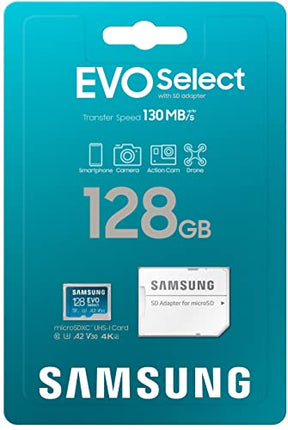 Buy SAMSUNG EVO Select Micro SD-Memory-Card + Adapter, 128GB microSDXC 130MB/s Full HD & 4K UHD, UHS in India.
