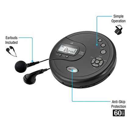 GPX PC332B Portable CD Player with Anti-Skip Protection, FM Radio and Stereo Earbuds - Black