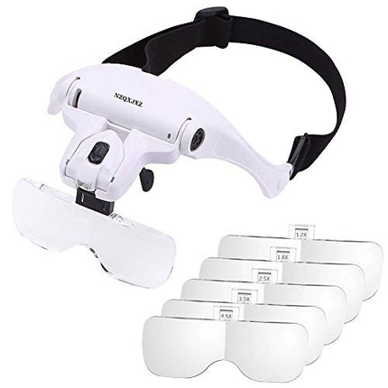 Headband Magnifier Glasses LED Magnifying Loupe Head Mount Magnifier Hands—Free Bracket and Headband are Interchangeable 5 Replaceable Lenses 1.0X,1.5X,2.0X,2.5X,3.5X (Upgraded Version)