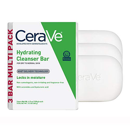CeraVe Hydrating Cleanser Bar | Soap-Free Body and Facial Cleanser with 5% Cerave Moisturizing Cream | Fragrance-Free | 3-Pack, 4.5 Ounce Each