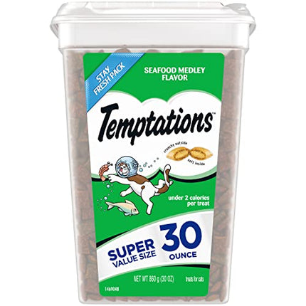 TEMPTATIONS Classic Crunchy and Soft Cat Treats Seafood Medley Flavor, 30 oz. Tub in India