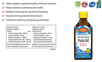 Carlson - The Very Finest Fish Oil, 1600 mg Omega-3s, Liquid Fish Oil Supplement, Norwegian Fish Oil, Wild-Caught, Sustainably Sourced Fish Oil Liquid, Lemon, 200ml, 6.7 Fl Oz in India