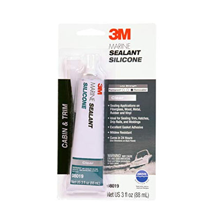 3M Marine Grade Silicone Sealant, 08019, For Boats and RVs, Above the Waterline Interior/Exterior Sealing, Moisture Curing, Clear, 3 fl oz Tube