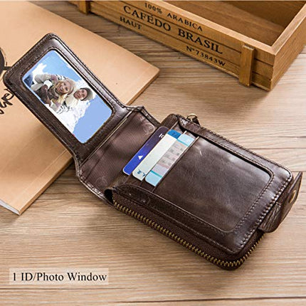 BULLCAPTAIN Genuine Leather Wallet for Men Large Capacity ID Window Card Case with Zip Coin Pocket QB-231 (Coffee) in India