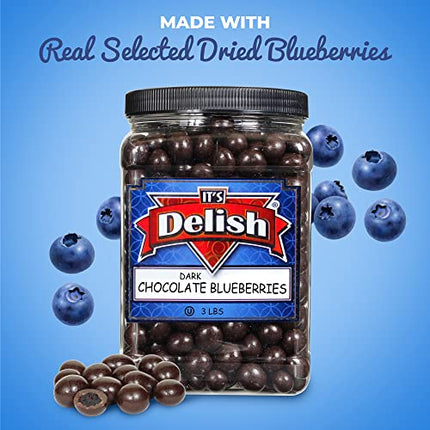 Gourmet Dark Chocolate Blueberries by It’s Delish, 3 LBS Jumbo Container Jar | Dark Chocolate Covered Fruit with Real Dried Blueberries | Kosher and Vegan Snack