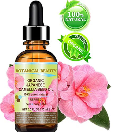 Japanese ORGANIC CAMELLIA Seed Oil. 100% Pure/Natural/Undiluted/Refined/Cold Pressed Carrier Oil. Rich antioxidant to revitalize and rejuvenate the hair, skin and nails. 0.5 Fl.oz-15ml. in India