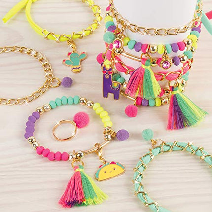 Make It Real - Neo-Brite Chains and Charms. DIY Gold Chain Charm Bracelet Making Kit for Girls. Arts and Crafts Kit to Create Unique Tween Bracelets with Neon Beads, Unique Pom Charms, and Gold Chains