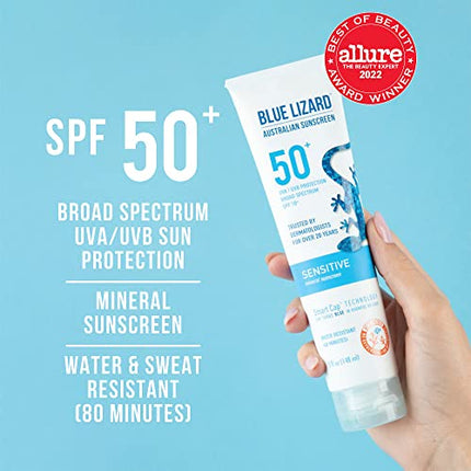 BLUE LIZARD Sensitive Mineral Sunscreen with Zinc Oxide 50+ Water Resistant UVAUVB Protection with Smart Cap Technology Fragrance Free , Sensitve, SPF 50 - - Tube, Unscented, 5 Fl Oz in India