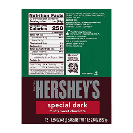 Buy HERSHEY'S SPECIAL DARK Mildly Sweet Organic Dark Chocolate Candy, Individually Wrapped, 1.55 oz Bars (12 Count) India