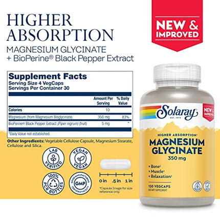 Solaray Magnesium Glycinate, New & Improved Fully Chelated Bisglycinate with BioPerine, High Absorption Formula, Stress, Bones, Muscle & Relaxation Support, 60 Day Guarantee (30 Servings, 120 VegCaps) in India