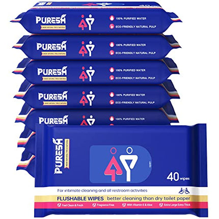 Puresh Flushable Wet Wipes for Adults, Large Unscented Wet Wipes with Vitamin-E & Aloe, 8 Packs Total 320 Wipes