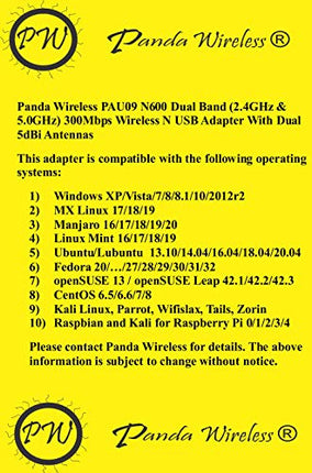 Panda Wireless PAU09 N600 Dual Band (2.4GHz and 5GHz) Wireless N USB Adapter W/ Dual 5dBi Antennas - Windows XP/Vista/7/8/8.1/10/11, Mint, Ubuntu, openSUSE, Fedora, Centos, Kali Linux and Raspbian