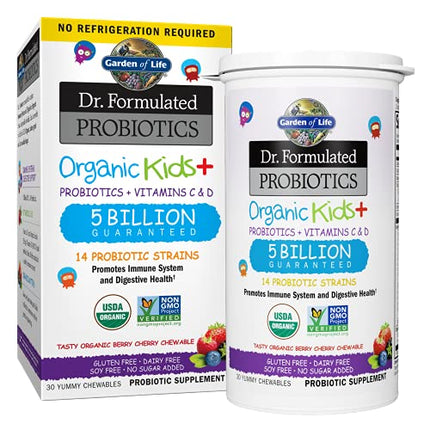 Garden of Life Dr. Formulated Probiotics Organic Kids+ Plus Vitamin C & D - Berry Cherry - Gluten, Dairy & Soy Free Immune & Digestive Health Supplement, No Added Sugar, 30 Chewables (Shelf Stable) in India