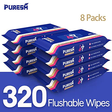 Puresh Flushable Wet Wipes for Adults, Large Unscented Wet Wipes with Vitamin-E & Aloe, 8 Packs Total 320 Wipes