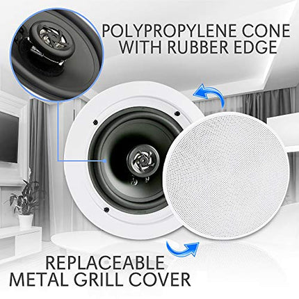 Pyle 6.5” Pair Bluetooth Flush Mount In-wall In-ceiling 2-Way Speaker System Quick Connections Changeable Round/Square Grill Polypropylene Cone & Polymer Tweeter Stereo Sound 150 Watt (PDICBT552RD)