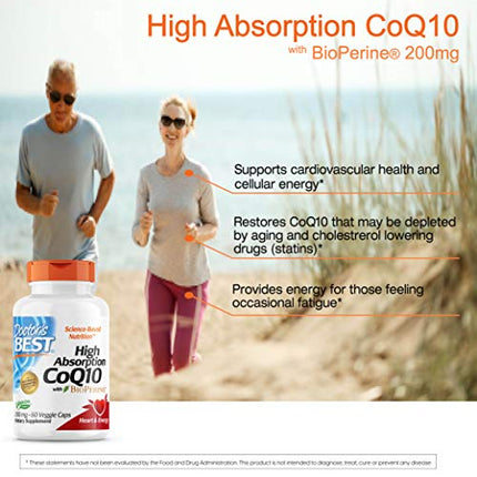 Doctor's Best High Absorption CoQ10 with BioPerine Gluten Free Naturally Fermented Vegan, Heart Health and Energy Production 200 mg 60 Veggie Caps, White in India