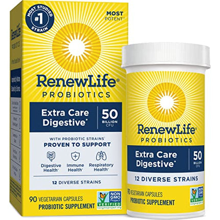 Renew Life Extra Care Digestive Probiotic Capsules, 50 Billion CFU Guaranteed, Daily Supplement Supports Immune, Digestive and Respiratory Health, L. Rhamnosus GG, Dairy, Soy and gluten-free, 90 Count