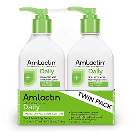 AmLactin Daily Moisturizing Lotion for Dry Skin – 7.9 oz Pump Bottles (Twin Pack) – 2-in-1 Exfoliator and Body Lotion with 12% Lactic Acid, Dermatologist-Recommended Moisturizer for Soft Smooth Skin in India