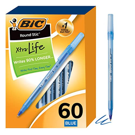 BIC Round Stic Xtra Life Blue Ballpoint Pens, Medium Point (1.0mm), 60-Count Pack of Bulk Pens, Flexible Round Barrel for Writing Comfort, No. 1 Selling Ballpoint Pens