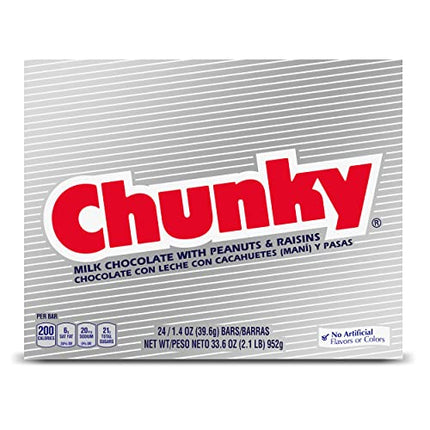 Chunky, Bulk 24 Pack, Milk Chocolate with Peanuts and Raisins Individually Wrapped Candy Bars, 33.6 Oz