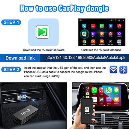 CarlinKit Wired CarPlay Dongle Android Auto for Car Radio with Android System Version 4.4.2 and Above, Install The AutoKit App in The Car System, Dongle Connect The Car's AutoKit App to get CarPlay