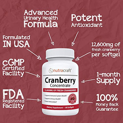 #1 Cranberry Extract Supplement for Bladder & Urinary Tract Support - 12,600 mg of Fresh Cranberries, Vitamin C & E and Polyphenols per Capsule - 60 Softgels in India
