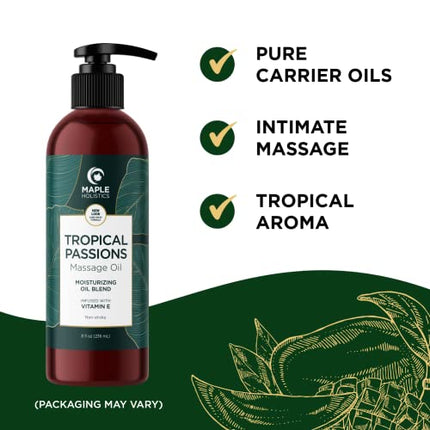 Tropical Sensual Massage Oil for Couples - Complete Relaxation Full Body Massage Oil with Jojoba Coconut and Sweet Almond Oil with Mango Scent for Complete Relaxation - Non GMO Gluten Free and Vegan