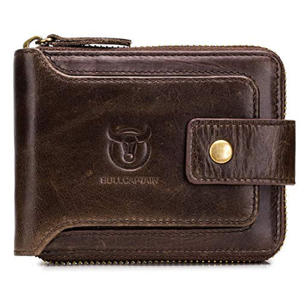 BULLCAPTAIN Genuine Leather Wallet for Men Large Capacity ID Window Card Case with Zip Coin Pocket QB-231 (Coffee)